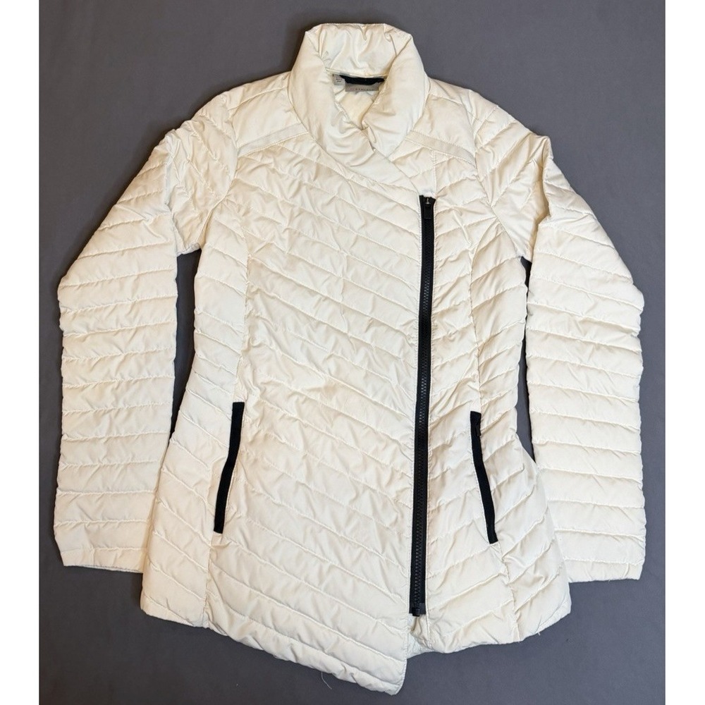 Athleta Down Puffer Jacket Womens Size XXS White Asymmetrical Zip Up Zip Pockets